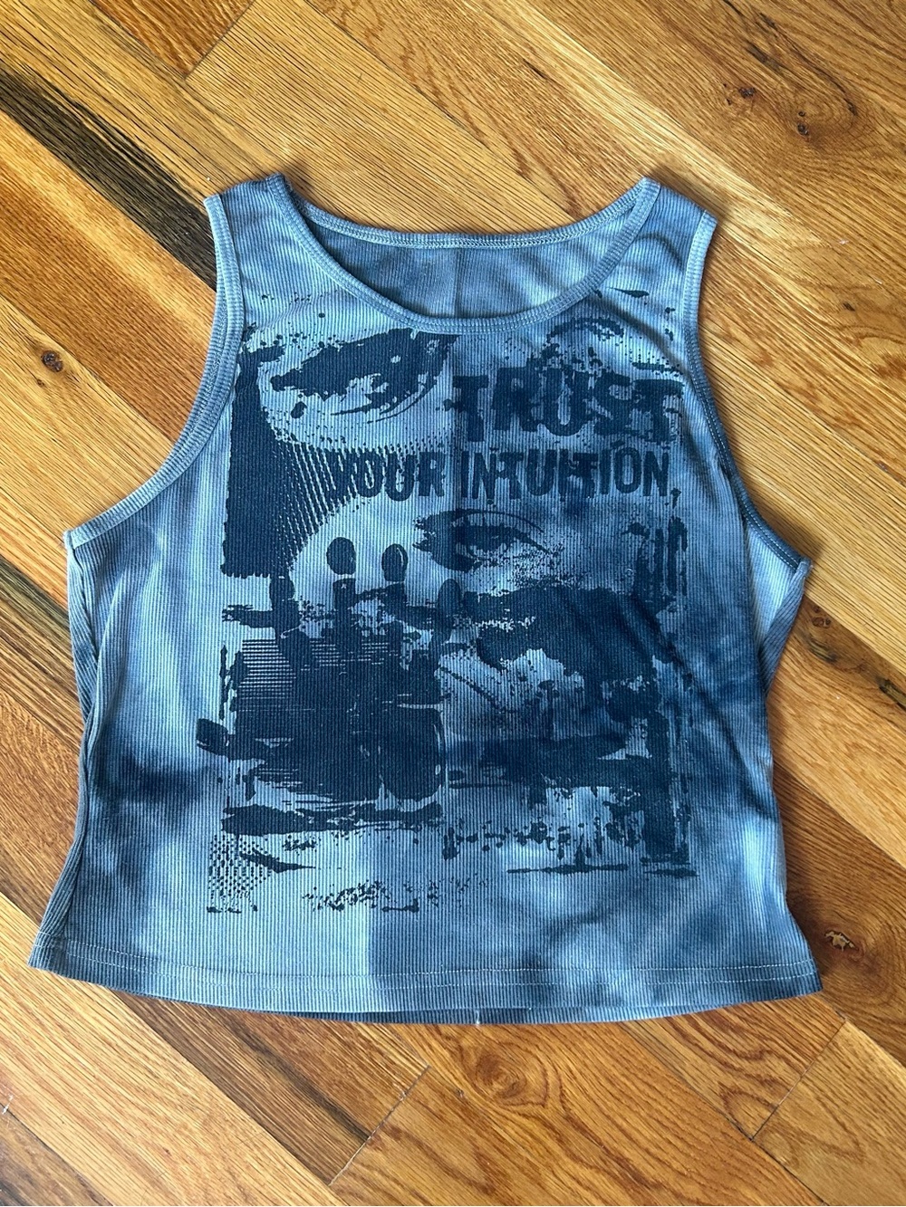 Grey Tie-Dye Graphic Ribbed Cropped Tank Top by ROMWE